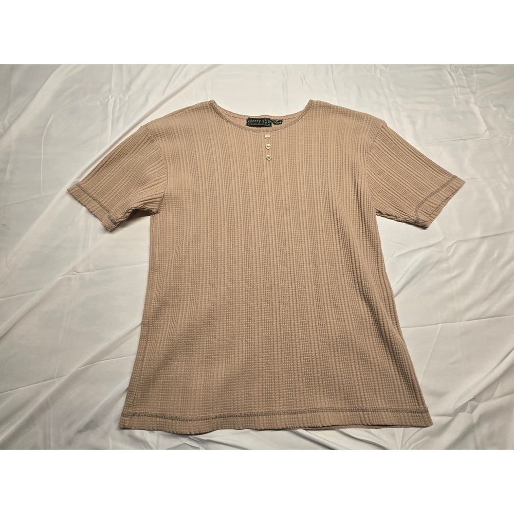 VTG Cherry Stix Henley‎ T Shirt Womens Medium Beige Waffle Knit Short Sleeve Top